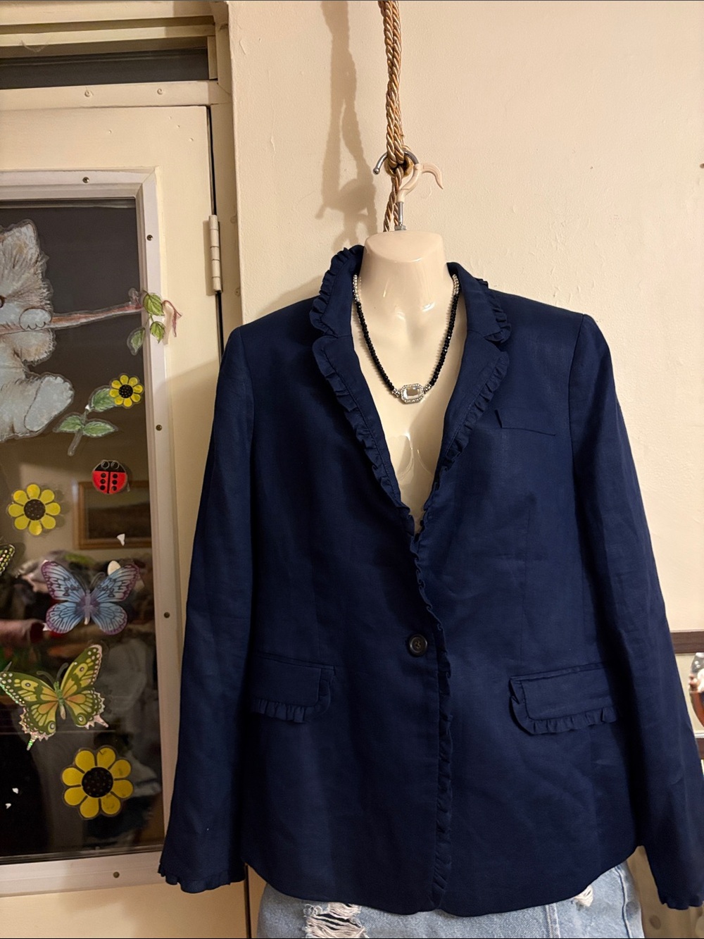 J. Crew Navy Ruffle-Trim Single-Button Blazer100. Linen